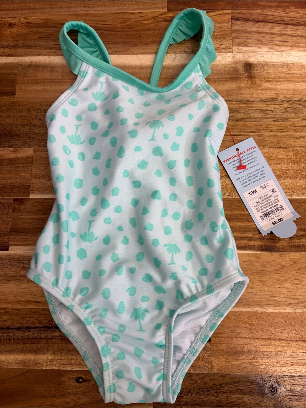 Cat & Jack Mint Green and White Palm Dot One-Piece Swimsuit